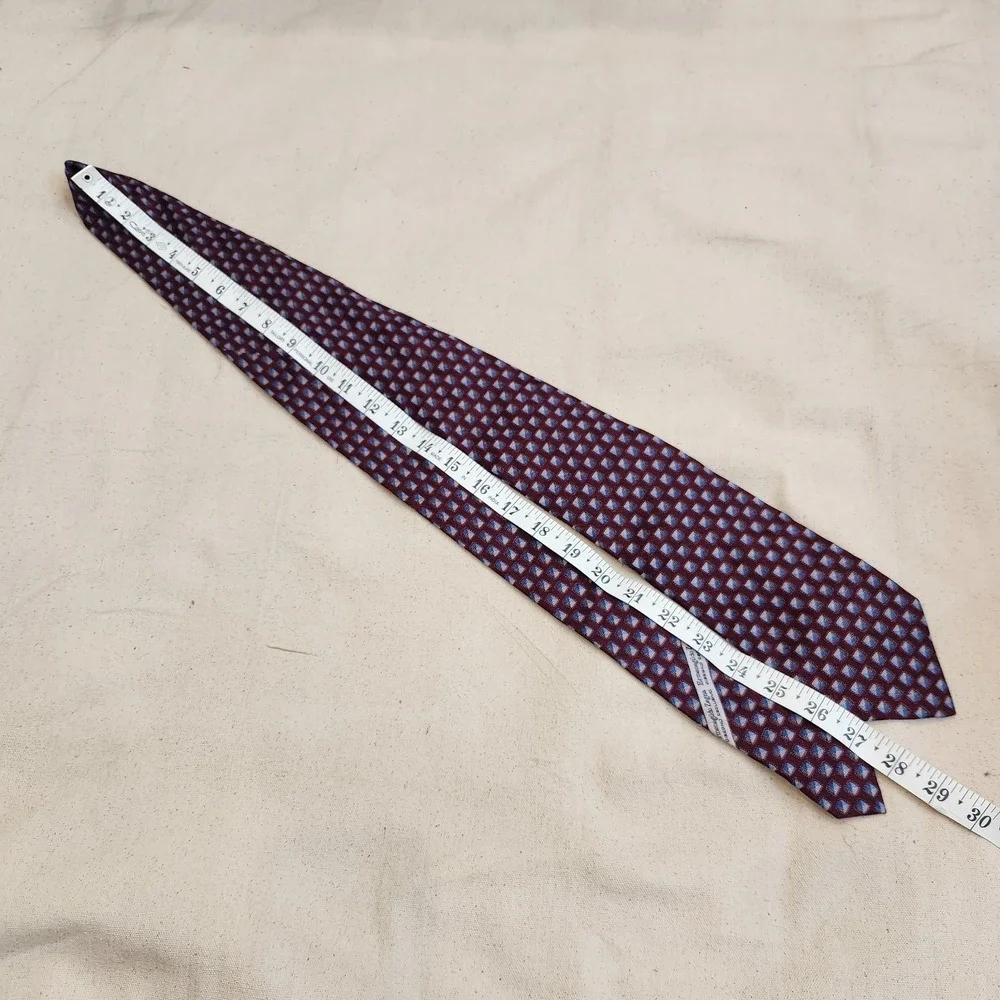 Ermenegildo Zegna Men's Silk Tie Burgundy Blue Geometric Square Pattern Italy